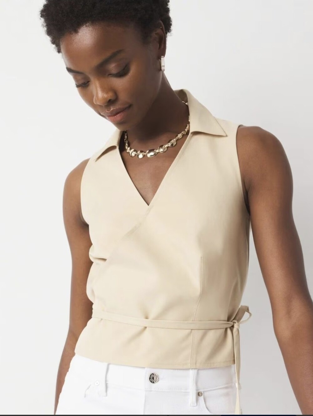 WHBM Wrap Tie Vest Or Sleeveless Wrap Collared Top in Beige